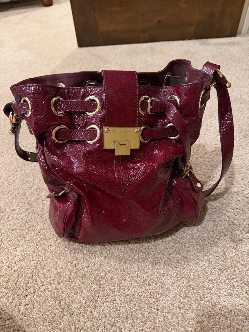 Jimmy Choo Burgundy Patent Leather Drawstring Shoulder Bag with Gold Hardware